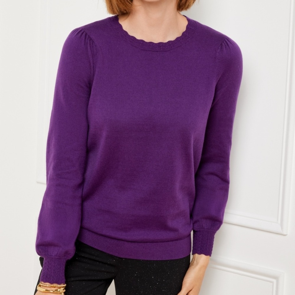 Talbots Scallop Wool Purple  Knit Crewneck Sweater Pullover Long Sleeve Petite L